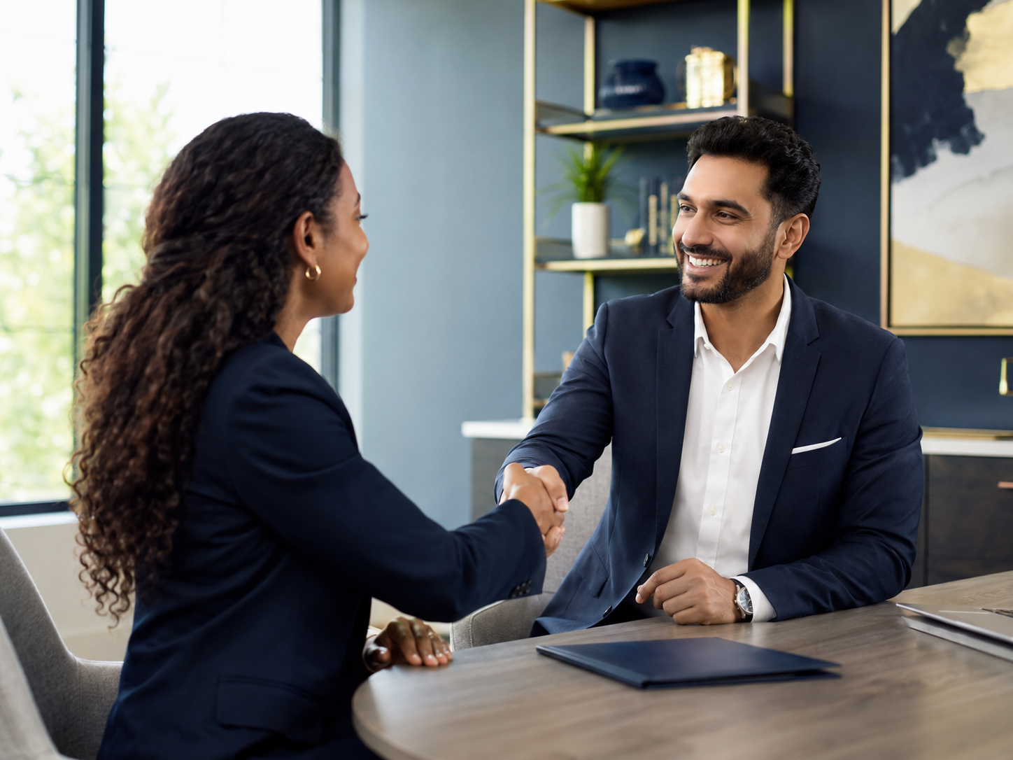 Commercial finance professional welcoming a business owner in a professional office