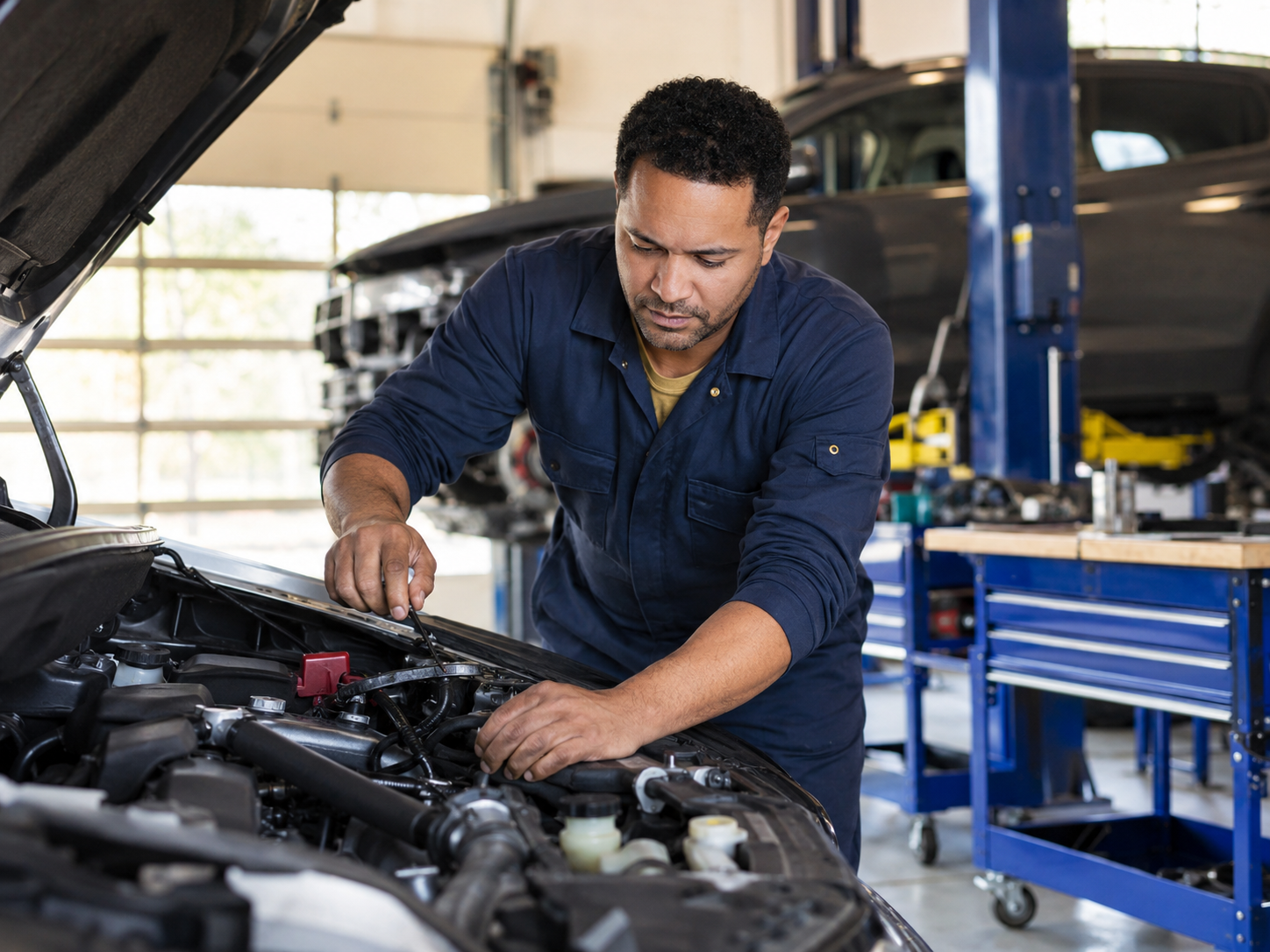Independent auto mechanic working in a repair shop