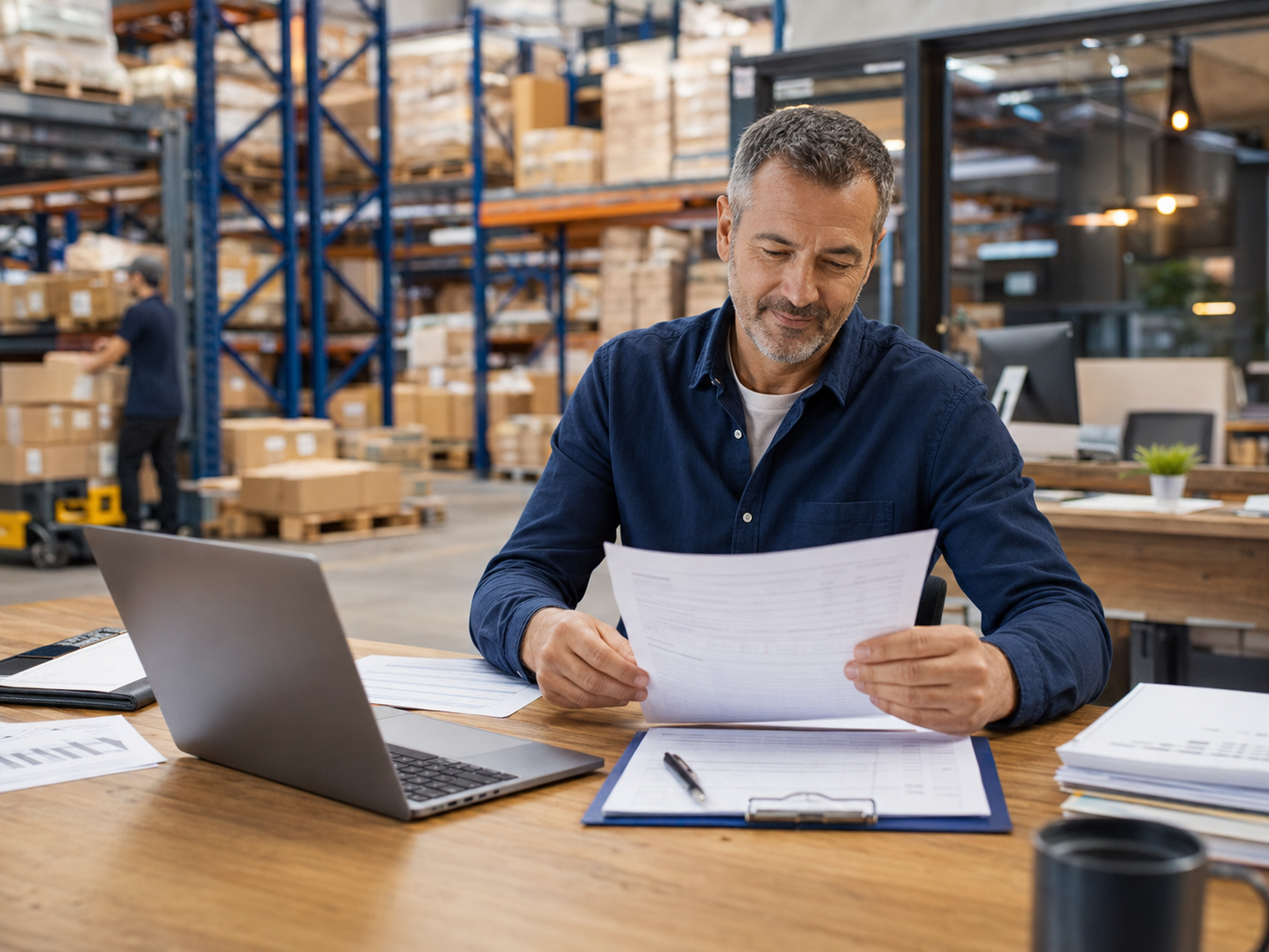Business owner reviewing invoices in a wholesale distribution business