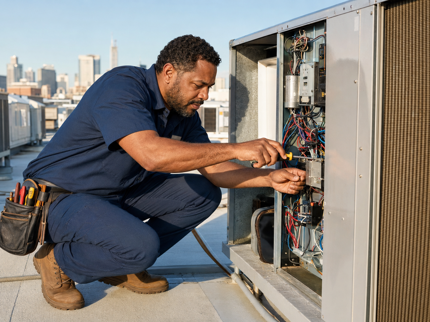 HVAC technician servicing commercial equipment