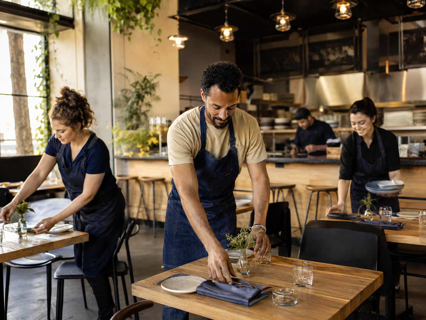 Restaurant owner working with staff in a welcoming dining space