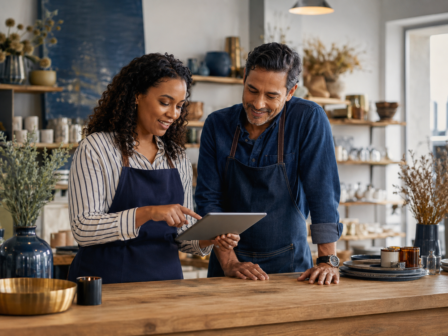 Small-business owners collaborating inside a neighborhood business
