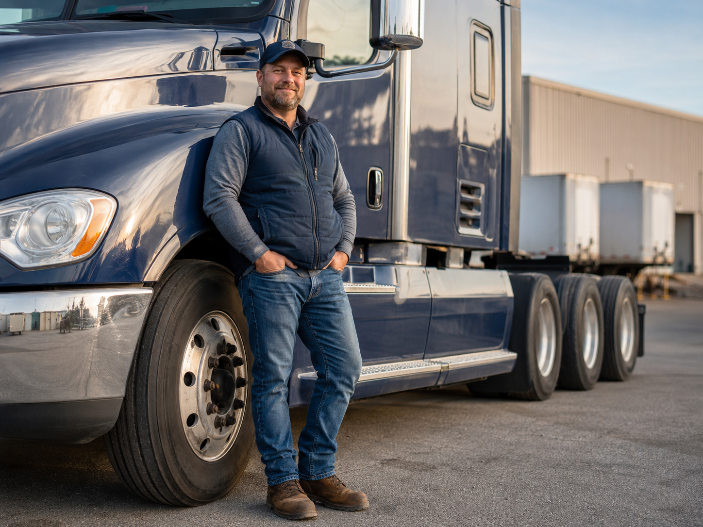 Trucking owner-operator beside a commercial truck